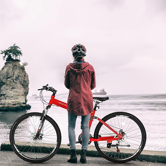 26in Folding Mountain Bike 21-Speed with Disc Brakes, Heavy-Duty Alloy Frame & Bike Suitable for &, Red - Urban Commuter, Trail Riding, Storage