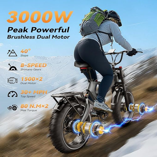 2000W/3000W Peak Motor Electric Bike for Adults, 48V/52V 25AH/30AH Battery Full Suspension Foldable Ebike, 20"x4.0" Fat Tires 35MPH Dirt Bike, 100/120 Miles Hydraulic Brake Magnesium Alloy Motorcycle