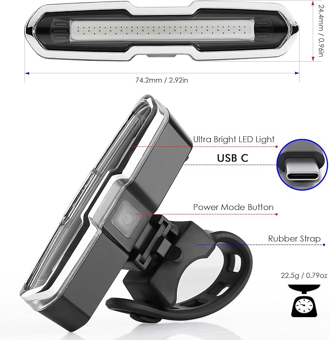 Canway Bicycle Rear Light Red/Blue, Bike Tail Light Rechargeable 168 Lumens Bike Tail Light Battery USB C 500mah 5 Modes Waterproof Safety for Road Mountain Night Riding