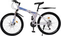 26" Folding City Bike Bicycle, 21-Speed Folding Bicycle for Adult, Camping Bicycle, Height Adjustable Folding Bike,with Mudguard, Mountain Bicycle for Roadways, Mountains, Racing, Blue&White