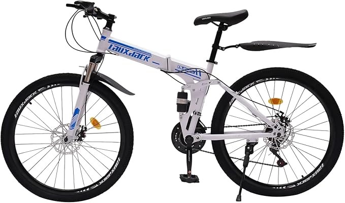 26" Folding City Bike Bicycle, 21-Speed Folding Bicycle for Adult, Camping Bicycle, Height Adjustable Folding Bike,with Mudguard, Mountain Bicycle for Roadways, Mountains, Racing, Blue&White