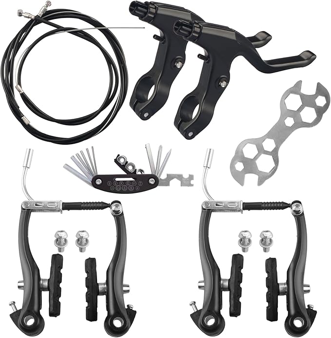 Complete Bike Brakes Set，Inner and Outer Callipers Cables Lever Kit ，Universal Bike Front and Rear MTB Brake with Multi-Tool Wrenches Black
