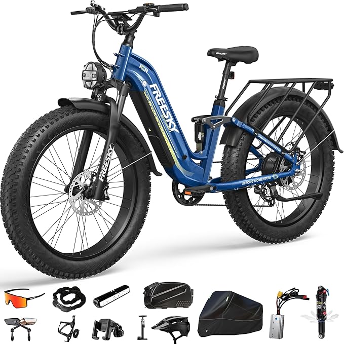 FREESKY Wildcat Ultra 3000W Electric Bike for Adults 105mile Long Range Step-Thru Ebike Motor 37MPH Dirt E Bike 25Ah Samsung Battery 26'' Fat Tire Electric Bicycle Full Suspension for Commute