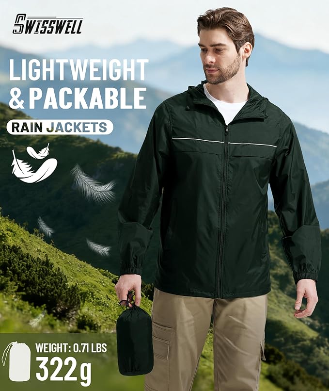 SWISSWELL Mens Rain Jacket & Coats Packable Lightweight Waterproof Windbreaker Hooded for Golf Cycling Hiking