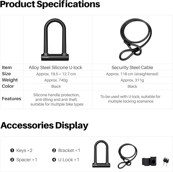 Heavy-Duty U Lock for Bike & E-Bike – Anti Bolt Cutter Steel Bike Lock with Frame Mount, Secure Urban Commuter Bicycle Lock, Includes Steel Cable for Wheel Security