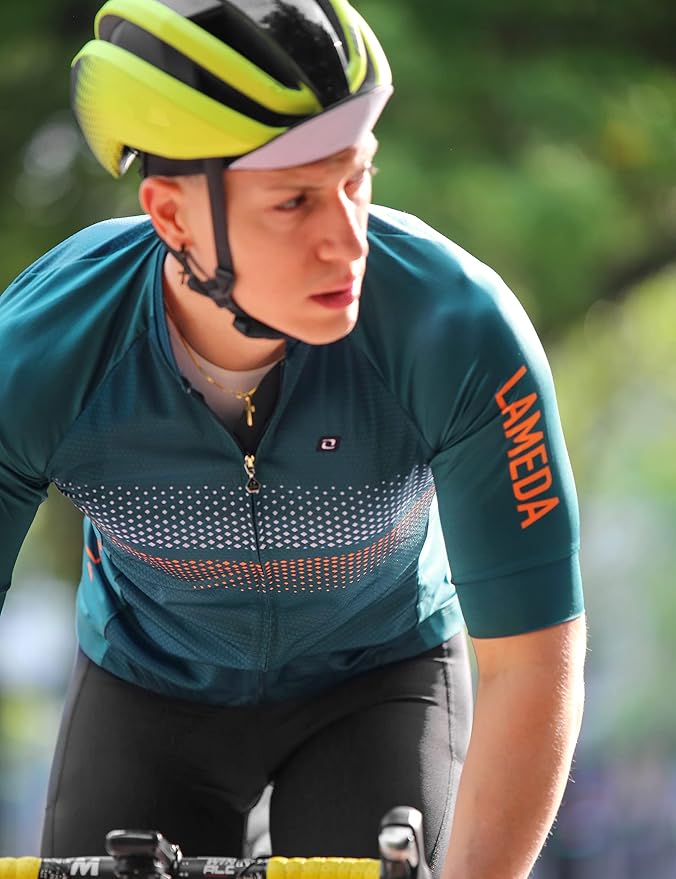 LAMEDA Men's Cycling Jersey Breathable Lightweight Short Sleeve Elastic Pro Road Bike Shirt Full Zip