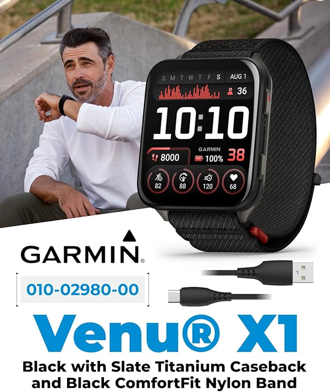 Wearable4U Garmin Venu X1 Thin and Lightweight GPS Smartwatch, AMOLED Display, Black with Slate Titanium Comfort Fit Nylon Band Power Bank Bundle