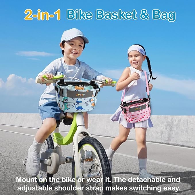Kids Bike Basket Bag, Waterproof Bicycle Basket Pouch for Girls Boys 6-10, Children's Front Handlebar Bag with Reflective Safety Strap & Detachable Shoulder Strip, Fit Toddlers Bikes Tricycle Scooter