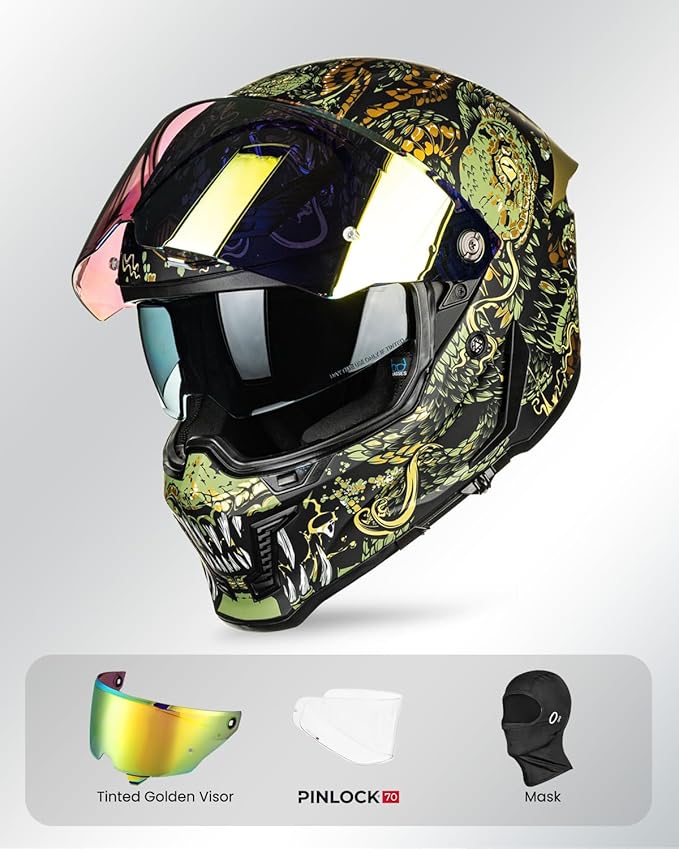 ILM Motorcycle Helmets for Adult Men Women Full Face DOT ECE Powersports Dual Visor Street Racing Helmet with Pinlock Cascos para Motos Model MF509 (Mythology Gold, XL)