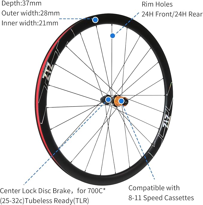 ZTZ 700C Carbon Road Bike Wheelset, Ultralight 37/46mm Disc Brake Bike Wheels,Front & Rear 24H High-Strength 700c Clincher Rims, Compatible with 8-11 Speed Cassettes