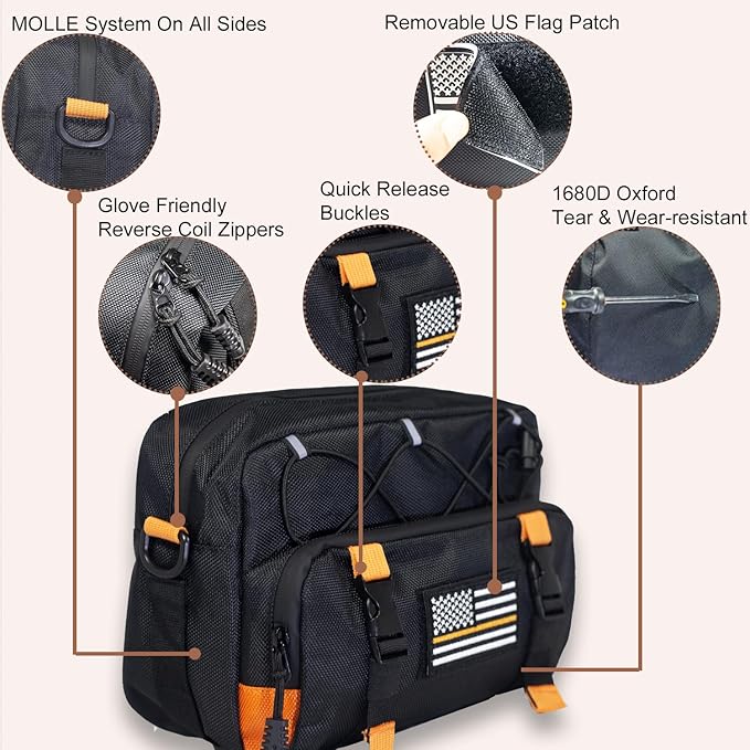 Universal Black Motorcycle Handlebar Bag - Water-resistant American Flag 1680D Tool Bag for Motorbike, Cruiser, Softail, Dyna, Sportsters, Dirt Bike, ATV