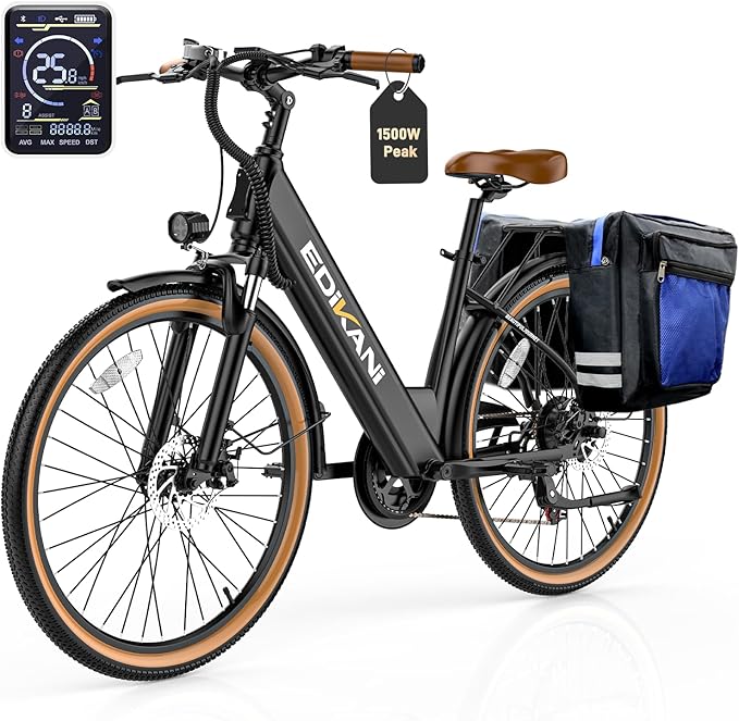EDIKANI Electric Bike for Adults 25MPH 1500W Peak 26" Comfortable Step-Through Ebike with 48V Internal Battery Adjustable Stem Best Electric Bicycle for Women Commuter up to 70 Miles EDM02