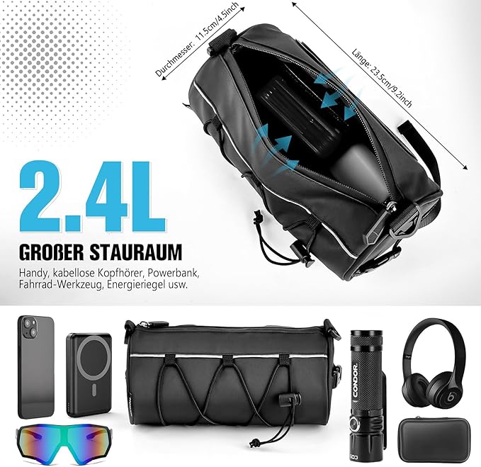 GXCROR Bike Handlebar Bag Waterproof 2.4L - Bicycle Front Bag Frame Storage Roll Bag Mountain Road, Bag Professional Cycling Accessories, Convertible to Crossbody Sling & Hand Carry Bag Handlebar Bag