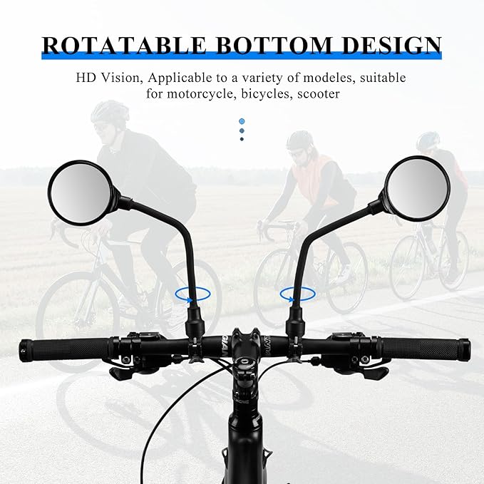 ROCKBROS Bike Mirror Handlebar Mount 360°Rotatable Adjustable Bicycle Rear View Mirror HD Wide Angle Clear Acrylic Convex Safe Bike Mirror for Mountain Road Bike Electric Motorcycle