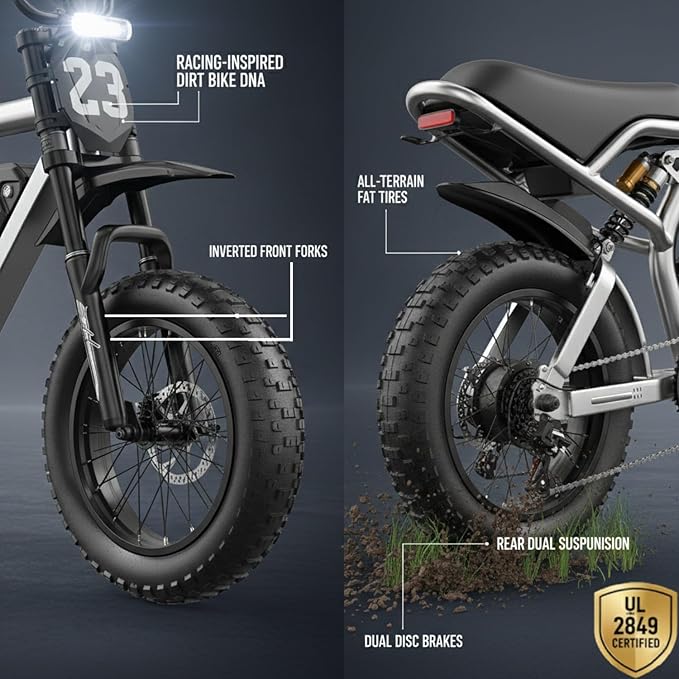 Electric Dirt Bike for Adults, 1500W-3000W Peak Ebike, 16"/20" Fat Tire All-Terrain E-Bike, Dual Suspension Off-Road Racing Machine for Camping & RV Travel, 48V/52V, UL 2849 Certified
