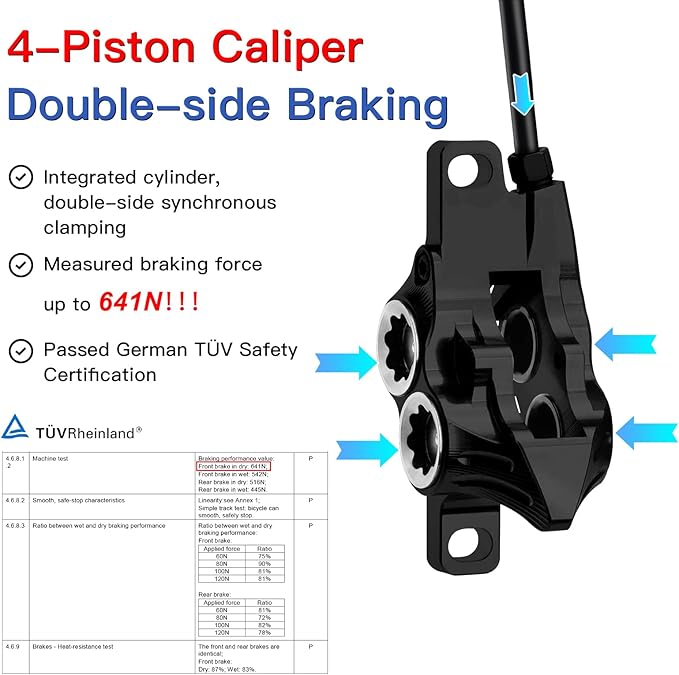 IIIPRO MTB 4 Pistons Hydraulic Disc Brake Set Left Front 800mm Right Rear 1550mm with 160mm Rotors, Mountain Bike Bicycle Disc Brake Kit with Ceramic Brake Pad for eBike, Road Bike, Fat Bike