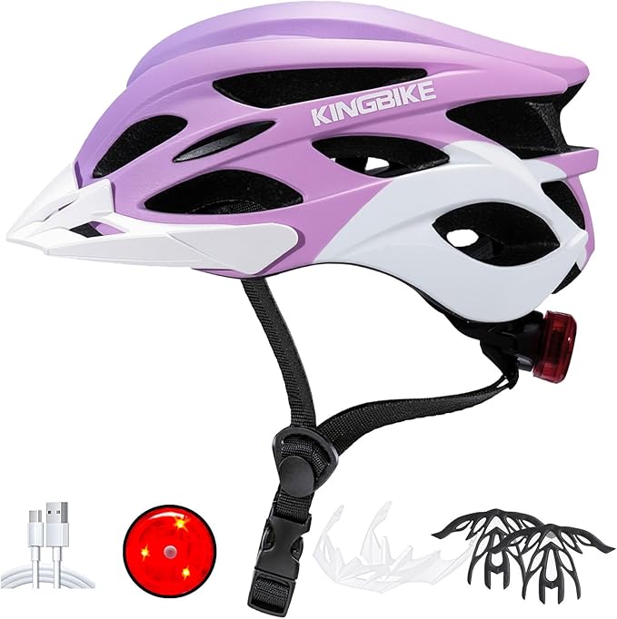 KINGBIKE Bike Helmet for Adult Men Women Youth Road Commute Mountain Cycling Helmets with USB Rechargeable Light Replaceable Padding and Visors Lightweight 20.4-23.6in