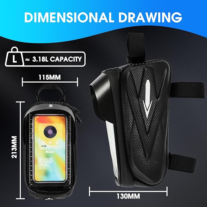 Hard Shell Frame Bag Compatible Fit for Ridstar Q20/Q20 Pro Lite EBike, Waterproof Phone Mount Pouch,Top Tube Storage Bag,Headphone Cable Hole
