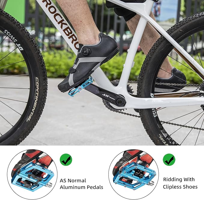 ROCKBROS MTB Mountain Bike Pedals Compatible with SPD Mountain Bike Dual Function Sealed Clipless Aluminum Bicycle Flat Platform 9/16" Pedals with Cleats for Road, MTB, Mountain Bikes