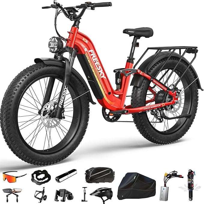 FREESKY Wildcat Ultra 3000W Electric Bike for Adults 105mile Long Range Step-Thru Ebike Motor 37MPH Dirt E Bike 25Ah Samsung Battery 26'' Fat Tire Electric Bicycle Full Suspension for Commute
