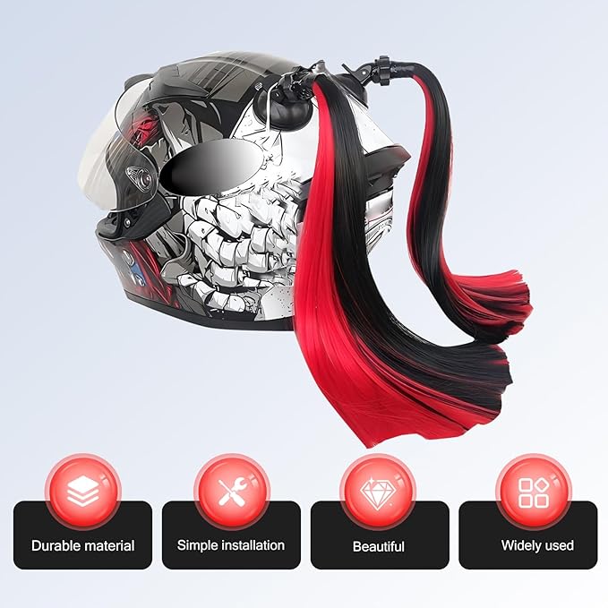 2 PCS Helmet Pigtails, Fun Pigtail Decorations for Helmet with Suction Cup, Detachable Fake Hair Decor, Universal for Motorcycle Bike Helmets (Black & Red)