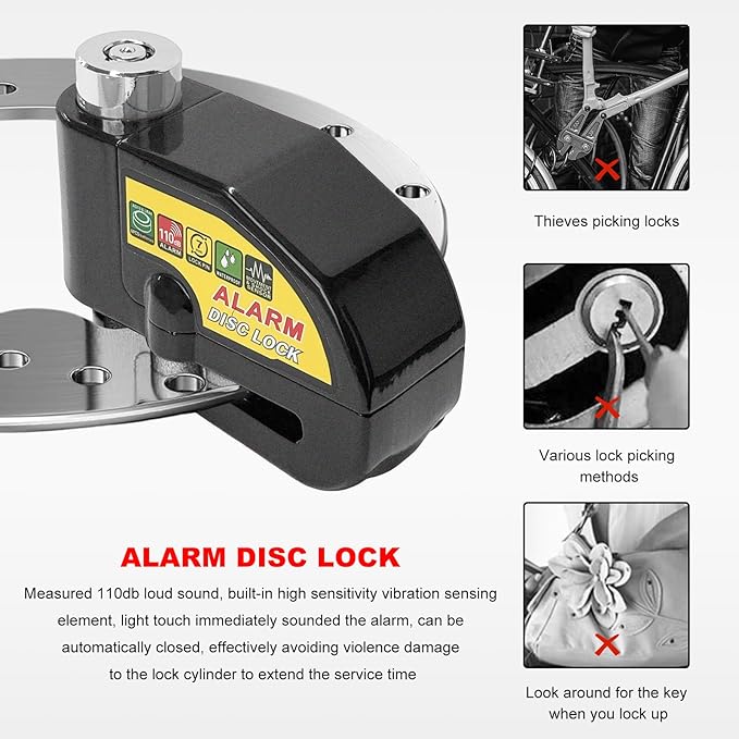 Alarm Disc Lock Set, 110dB Alarm Sound Anti-Theft Security Brake Padlock with 5ft Reminder Cable, Waterproof Battery Powered Disc Brake Lock for Motorcycle Bicycle Scooter (Black)