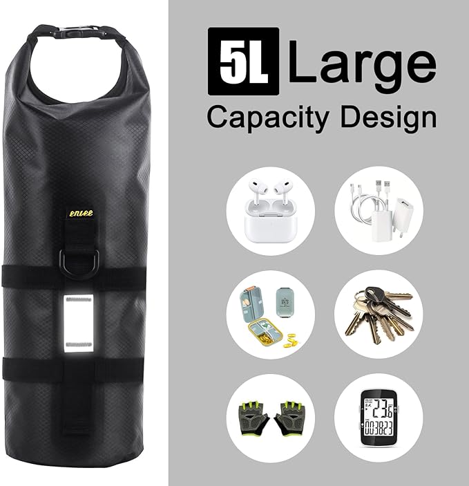ENLEE 1pack Front Bike Fork Bag with Multipurpose Cage, 5L Waterproof Dry Bike Bags for Bicycles, Lightweight Portable Roll Top Design Bike Packing Fork Bags, Suitable for Fat Frame Mountain Bikes