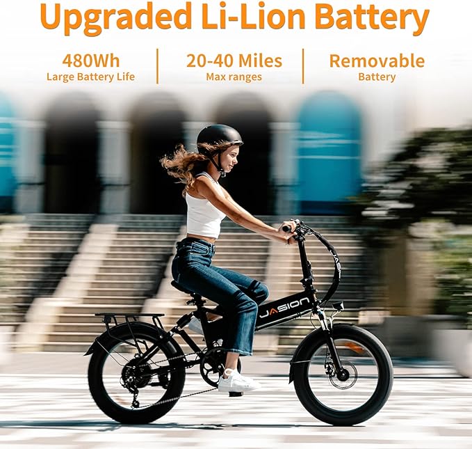 Jasion EB7 2.0 Adult Electric Bicycles, 28MPH Folding Electric Bike,1200W Peak Motor, 480WH Battery 55Miles Commute Ebikes for Adults,Shock Absorber,20" Fat Tire for City,Beach,Snow,Mountain