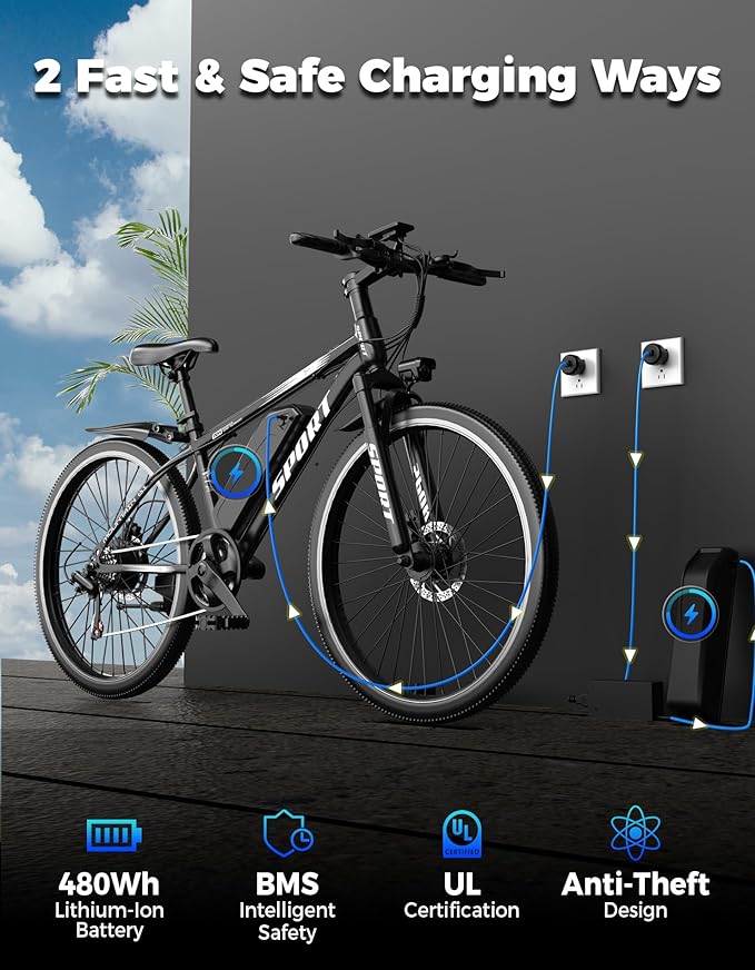 Electric Bike for Adults, 1500W Peak Mountain Ebike with 28 MPH, 65 Miles Range, 7 Speeds, 48V 10Ah Removable Battery 26" Ebike for Commute