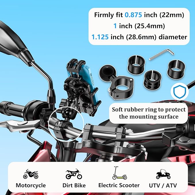 Motorcycle Phone Mount-[Triple Vibration Dampener] & [Metal Adjustment Arm]，Motorcycle Cell Phone Holder, Bike Phone Mount for iPhone 17 16 15 Pro Max, 5.4-7.2" Smartphones