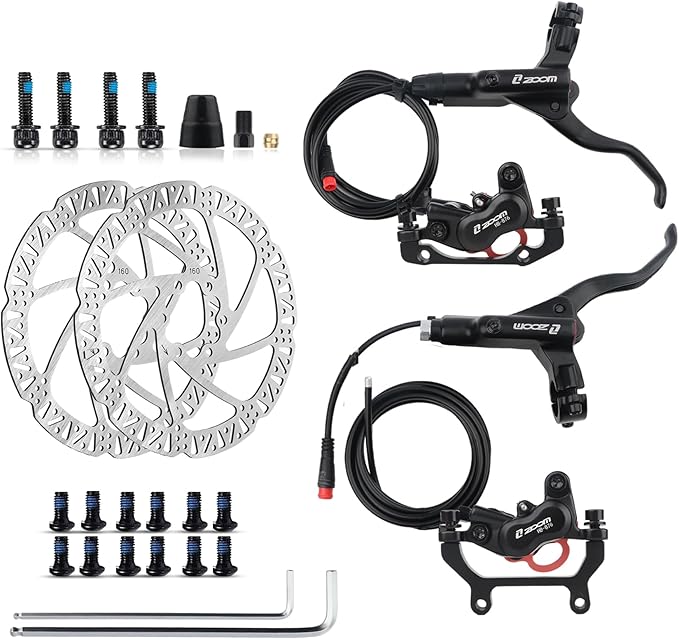 ZOOM Ebike Hydraulic Disc Brake Set: H876E 4-Pistons Power-Off Electric Bike Brake Kit with 2-PIN Sensor Included 160mm/180mm Rotors and Mounting Adapter