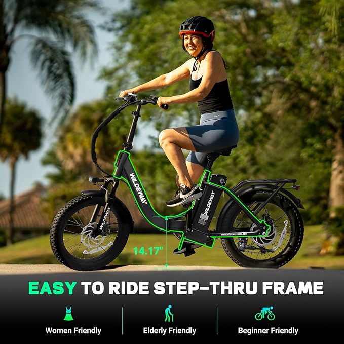Wildeway Folding Electric Bike for Adults, FW11-Lite 750W Motor, 48V 15Ah Removable Battery, 20" x 3.0" Fat Tire E-Bike, 30MPH Top Speed, Step-Thru Frame, Foldable Ebike Commuter & Off-Road