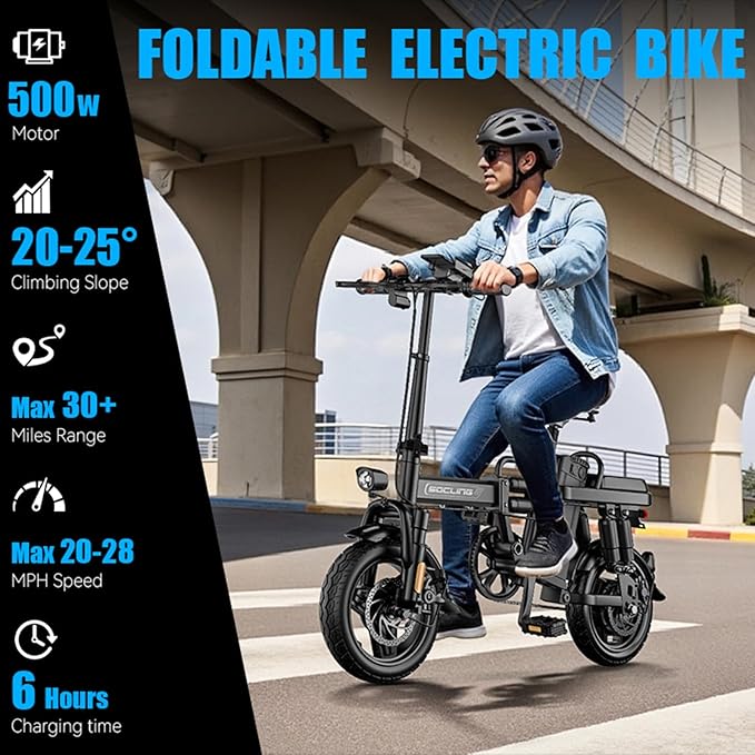 Adult Electric Folding Ebike 1200W Peak Rated 500W Motor 48V 15Ah- Max 28MPH High-Speed, Level 3 Assist, Dual Disc Brakes, 14" with Pedal Assist, Folding Bicycle for Commuter