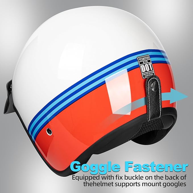 3/4 Open Face Retro Motorcycle Helmet Vintage Helmet for Motorbike Casco, Moped, Cruiser, Bobber, and Chopper - DOT Approved（Red and Blue Stripes,L）