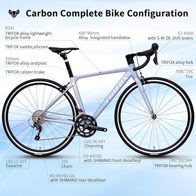 TRIFOX Super Light Aluminum Road Bike, Aircraft-Grade Aluminum Frame,20-Speed Lightweight Racing Bicycle with Shimano Tiagra 4700 Derailleur System, 700C Wheels