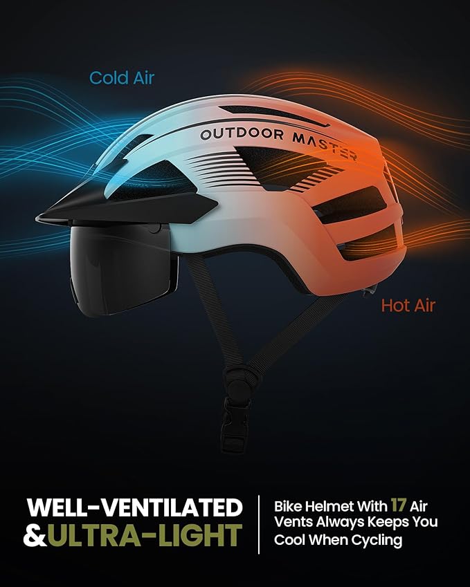 OutdoorMaster Adult Bike Helmet - Bicycle Helmet with Rechargeable Rear LED Light, Detachable Magnetic Goggles, Removable Sun Visor - Suitable for Commuting and Cycling for Men and Women