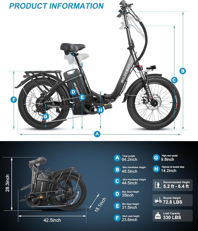 Wildeway Folding Electric Bike for Adults with 750W Motor 32Ah Battery Long Range FW11 Ebike 20 * 3.0 Fat Tire Foldable Adults Electric Bicycle for Men Women City Commuter Delivery 2 Seat
