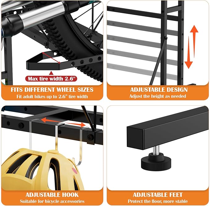 OYEAL Vertical Bike Stand, Free Standing Bike Rack Garage with 6 Hooks, Indoor/Outdoor Floor Bike Storage for 3 Adult Mountain/Road &1 Kids Bikes, Max Tire Width 2.6”, Black