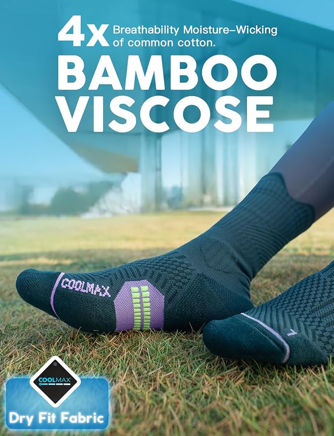 Womens Coolmax Bamboo Viscose Compression Running Crew Socks, Moisture-Wicking Anti-Blister Hiking&Gym Athletic