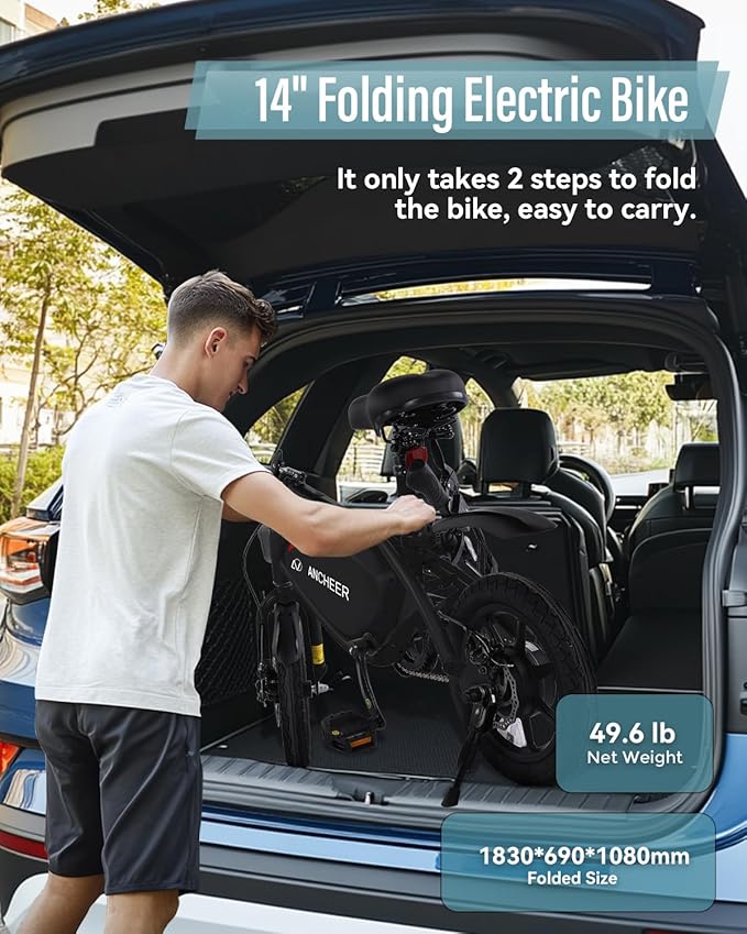 ANCHEER 14” Folding Electric Bike for Adults, 20MPH Ebike with 350W Motor[Peak 500W], 48V 374Wh Battery, Cruise Control, UL2849 Compliant Electric Bicycle, Compact Electric Mini Bike for Teens