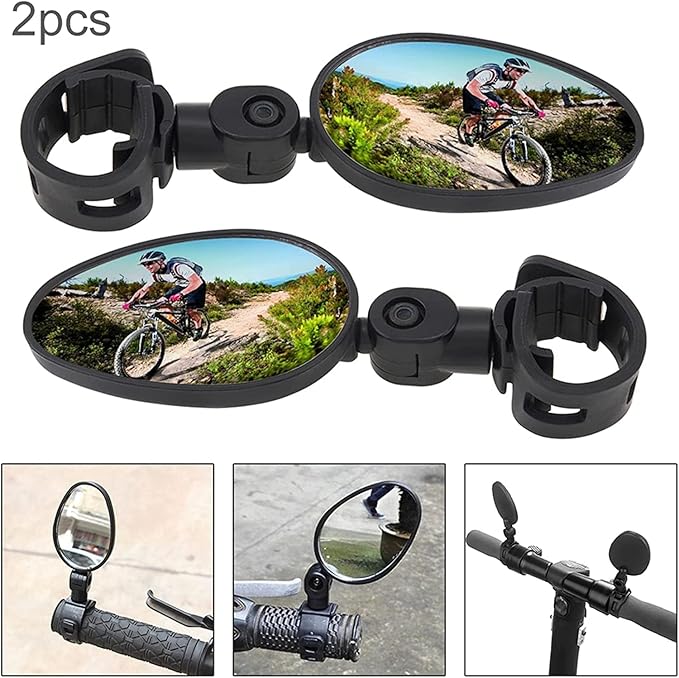 360° Rotatable Bike Mirror (2 Packs) - Shockproof Handlebar Mount, Wide Angle & Flat View Rearview Mirror for Road/Mountain/E-Bikes