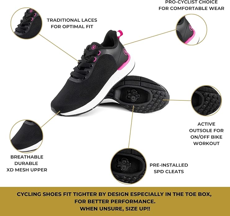 Tommaso Women's Cycling Shoes with Pre-Installed SPD Cleats — Easy to Walk-in Ventilated SPD Cycling Shoes for Women's Spin Classes and Indoor Bikes — Comfortable on Foot and Toebox.