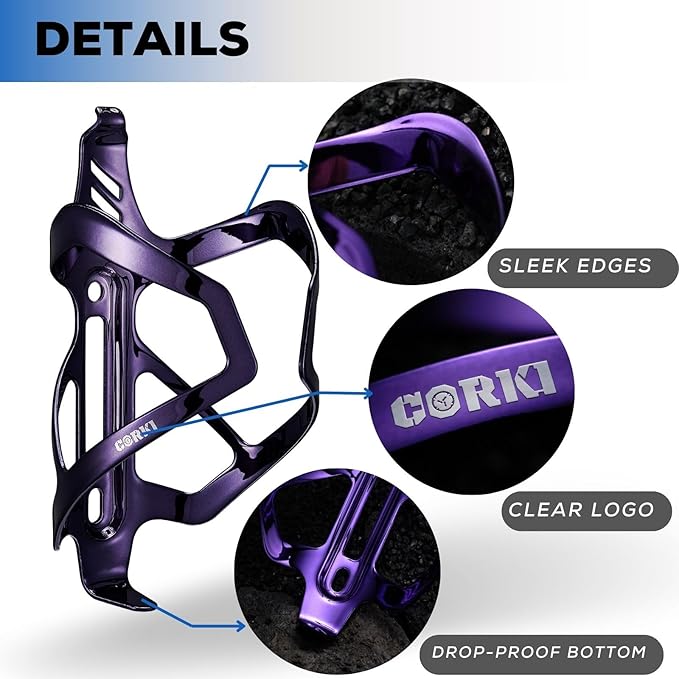 Corki Cycles Heavy Duty Bike Water Bottle Holder, Lightweight Purple Water Bottle Cage Shockproof Design for Road Mountain Gravel Bikes, Holds 18-30 oz, 2-Pack Aluminum Alloy