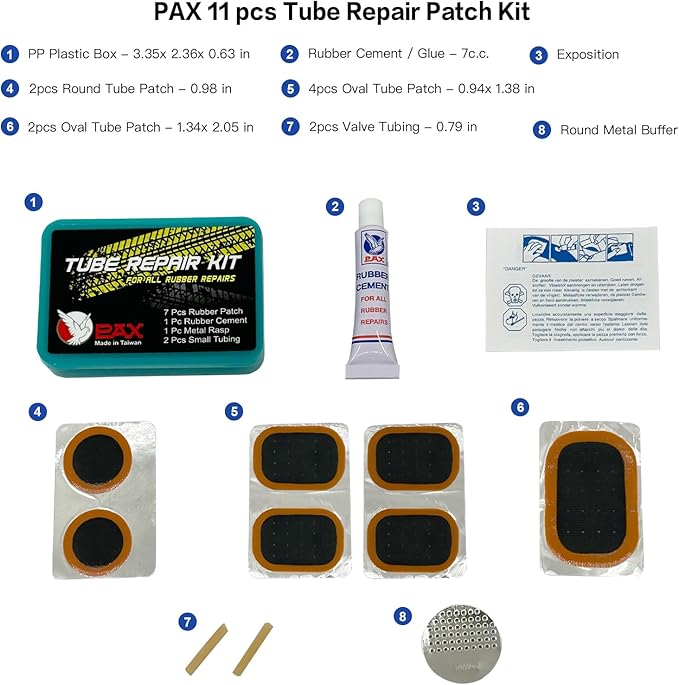 PAX 11Pcs Inner Tube Patch Kit with 7ml Rubber Cement - Professional Puncture Repair Set for Bicycle, Motorcycle, Scooter, BMX, ATV, Lawn Mower Tubes & Inflatables