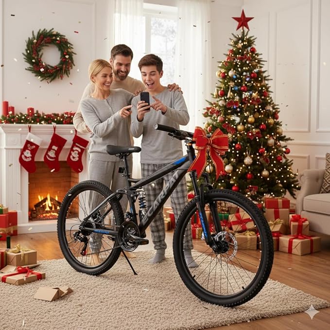 Mountain Bike 24 26 27.5 Inch, Dual Full Suspension Mens Womens Bike, 21 Speeds Dual Disc Brake Carbon Steel Bike, Boys Mens Mountain Bike for School Work Summer Camping, Birthday Gift Choice