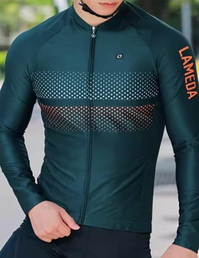 LAMEDA Men's Cycling Jersey Long Sleeve, Breathable Moisture Wicking Bike Shirt, Lightweight Biking Shirt with 3 Rear Pockets