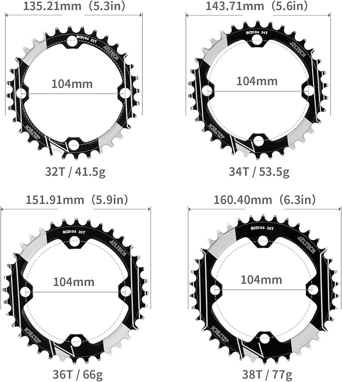 104 BCD Bike Chainring: 32T 34T 36T 38T Round Narrow Wide Chainring, Single Chain Ring for 8 9 10 11 12 Speed Mountain Bike MTB XC Trail e-Bike Fat Bicycle