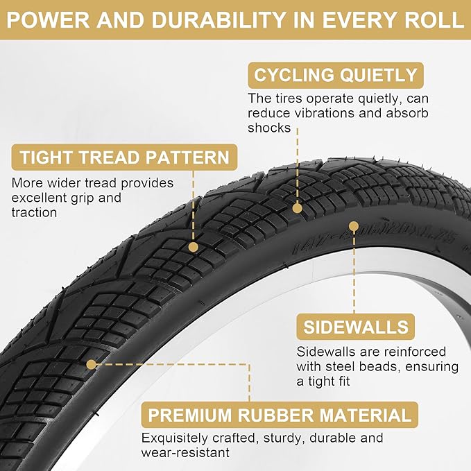 2-Pack 20x1.75 Bike Tire Tube, 20 Inch Mountain Bike Tires & Tubes, Folding Replacement Bicycle Tires with 2 Tire Levers for Hybrid, City Commuter, Urban
