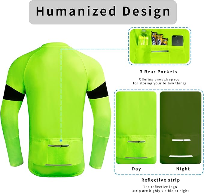 Dooy Men's Cycling Bike Jersey Long Sleeve Full Zipper Biking Shirt with 3 Rear Pockets, Breathable MTB Shirts Basic Series