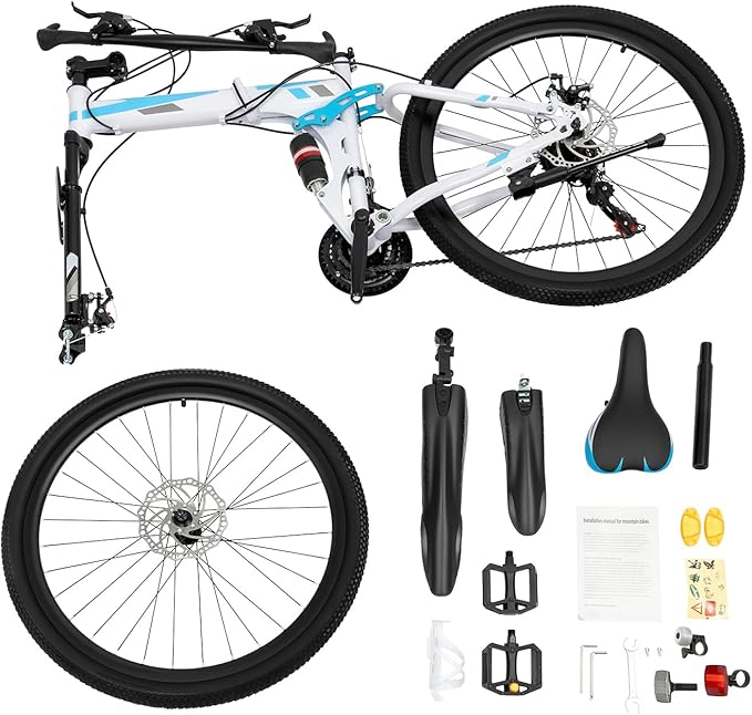 26 Inch Folding Mountain Bike, 21 Speed Foldable Bike for Adults, Folding Mountain Bike High Carbon Steel Full Suspension MTB Bicycle for Men, Women, Youth, Adults